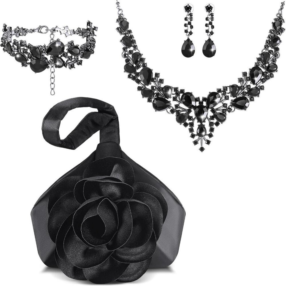 Elegant Black Satin Flower Clutch Purse & Rhinestone Jewelry Set for Women
